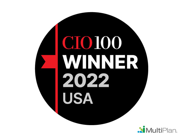 CIO 100 Winner 2022 USA award badge with MultiPlan branding on a dark background
