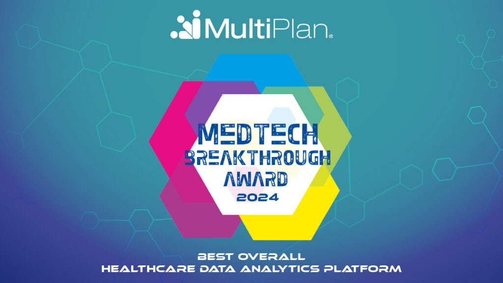 MultiPlan branded social graphic announcing MedTech Breakthrough Award 2024 for Best Overall Healthcare Data Analytics Platform