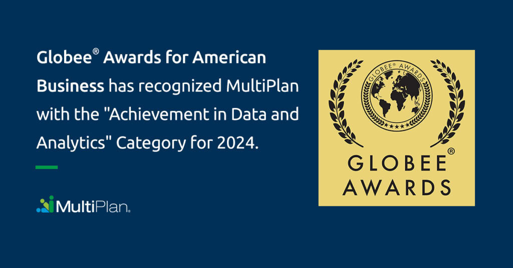 MultiPlan branded graphic announcing Globee Awards recognition in the Data and Analytics category for 2024