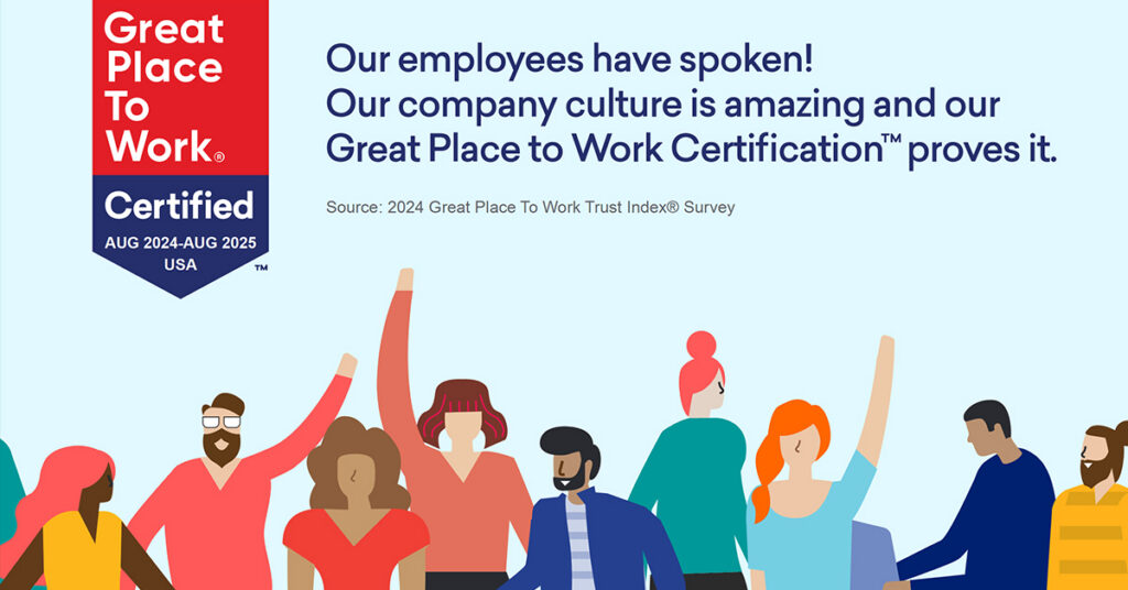 Great Place to Work 2024 certification graphic with illustrated diverse employees cheering and a company culture testimonial