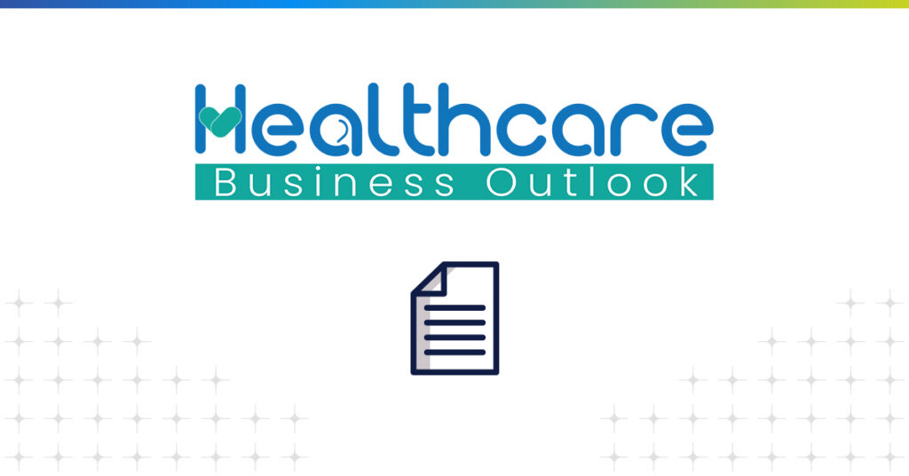 Healthcare Business Outlook logo with medical checkmark heart icon and document graphic in clean blue and teal corporate design