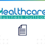 Healthcare Business Outlook logo with medical checkmark heart icon and document graphic in clean blue and teal corporate design