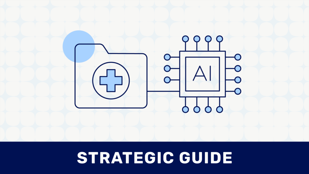 AI healthcare integration concept showing digital medical folder icon connected to artificial intelligence chip, illustrating smart health data management and AI-driven clinical solutions.