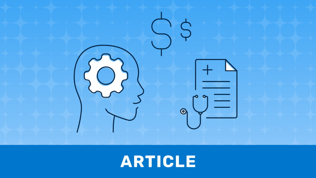 Illustration representing healthcare affordability and decision-making, featuring a profile with a gear icon, medical document, stethoscope, and cost symbols to highlight healthcare network strategy and price transparency.