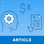 Illustration representing healthcare affordability and decision-making, featuring a profile with a gear icon, medical document, stethoscope, and cost symbols to highlight healthcare network strategy and price transparency.