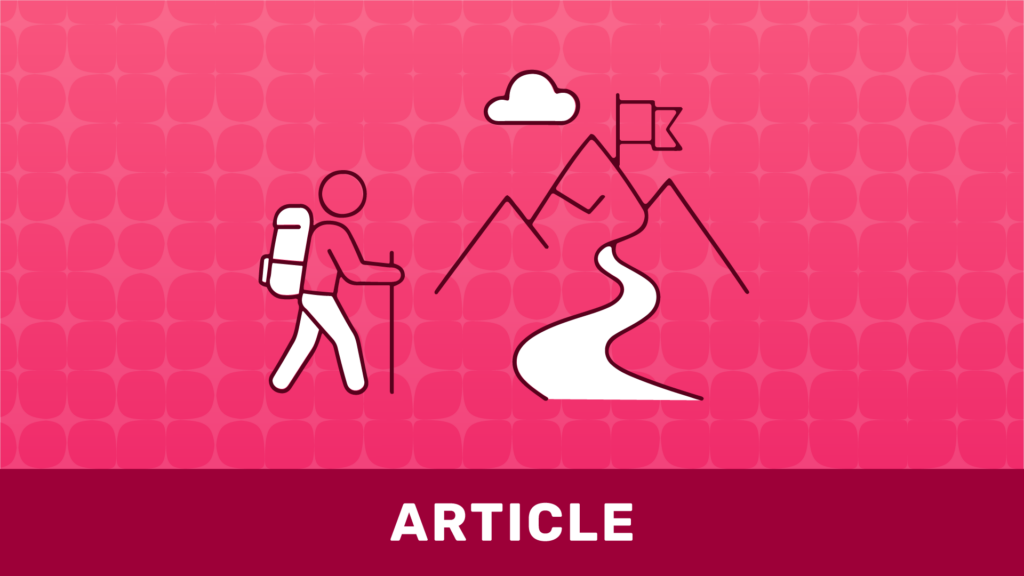Illustration of a hiker with a backpack walking toward a mountain peak with a flag at the summit, symbolizing achievement, leadership, progress, and reaching strategic goals.