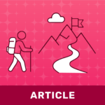 Illustration of a hiker with a backpack walking toward a mountain peak with a flag at the summit, symbolizing achievement, leadership, progress, and reaching strategic goals.
