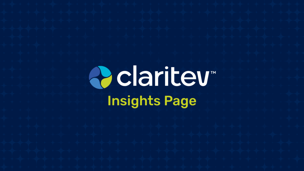 Claritev Insights Page logo centered on a dark blue patterned background, featuring a circular multicolor icon, the white word “claritev™,” and the lime green text “Insights Page.”