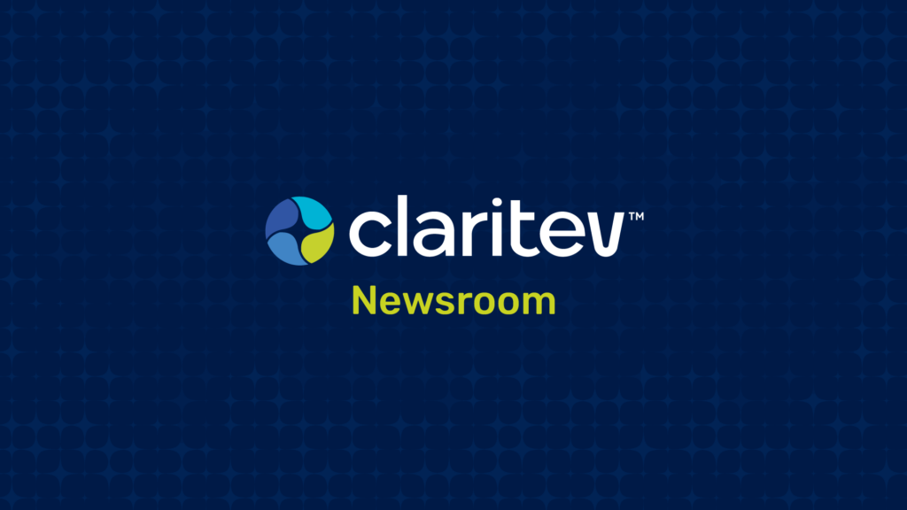 Claritev Newsroom logo centered on a dark blue patterned background, featuring the Claritev icon, white company name, and lime green “Newsroom” text.