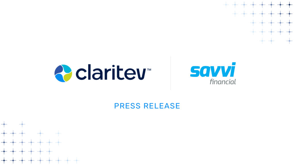 Claritev and Savvi Financial logos displayed side by side on a light gray background, separated by a vertical line, with the words “PRESS RELEASE” centered below and blue star-like accents in the corners.