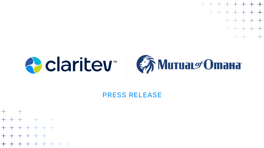 Graphic featuring the Claritev and Mutual of Omaha logos side by side, separated by a vertical line, with the words “PRESS RELEASE” centered below on a light gray background decorated with blue star-shaped accents in the corners.
