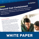 Promotional image for a Claritev white paper titled Beyond Cost Containment. The white paper cover is displayed at an angle against a blue patterned background and includes a photo of two professionals reviewing documents. Large text at the bottom reads “WHITE PAPER.”