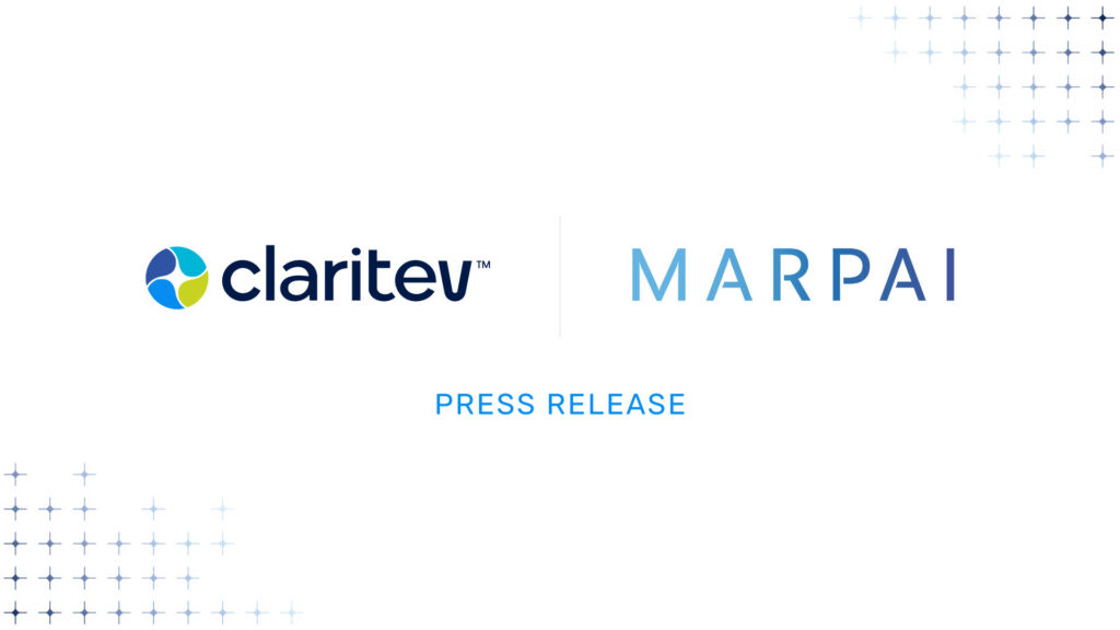 Claritev and Marpai logos displayed side by side on a light gray background, separated by a vertical line, with the words “PRESS RELEASE” centered below. Blue star-like decorative accents appear in the top-right and bottom-left corners.
