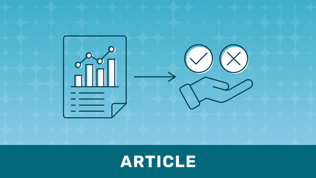 document with chart pointing to palm holding checkmark and X, blue background