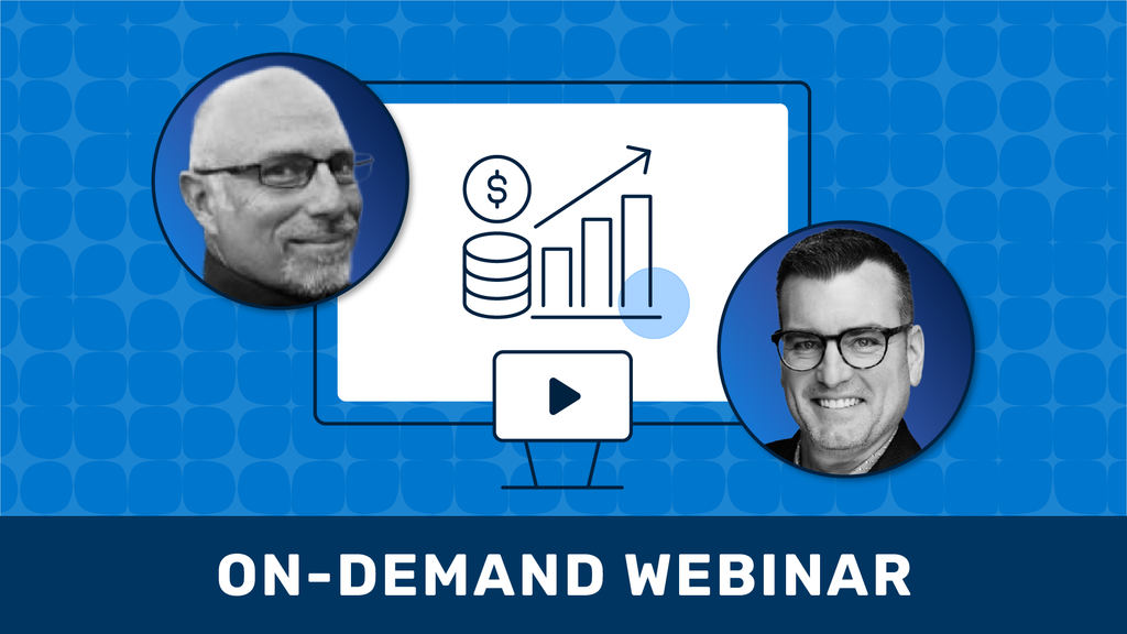 On-demand healthcare webinar featuring industry experts discussing healthcare cost management, revenue optimization, and financial performance strategies, displayed on a computer screen with growth chart graphics.
